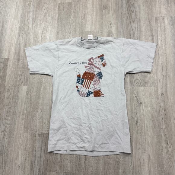 Vintage Country Calico Cat Shirt Size Medium Gray Kitten Kitty Sewing 90s USA - Picture 1 of 9